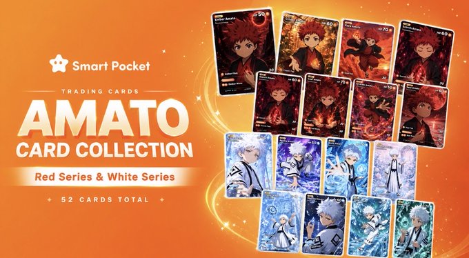 A promotional graphic for the "AMATO Card Collection" on Smart Pocket showcases 52 trading cards split into the Red Series and White Series, featuring red-haired and white-haired anime-style characters. The orange background highlights the "AMATO CARD COLLECTION" branding with text noting "52 CARDS TOTAL" across both series, matching the post's call to collect all unique cards.