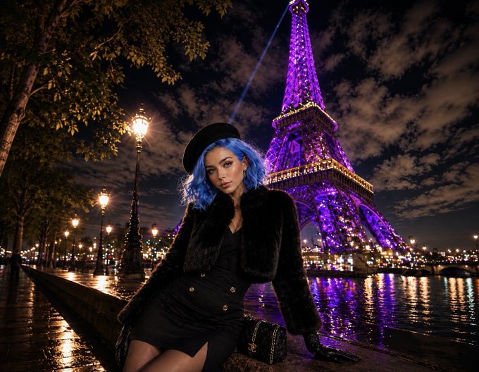 A woman with blue hair wearing a black beret and fur coat poses in front of the illuminated Eiffel Tower at night, with the Seine River reflecting purple lights nearby.