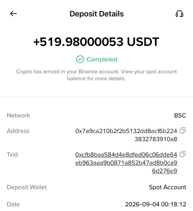 A Binance "Deposit Details" screen showing a completed deposit of +519.98000053 USDT via the BSC network, with the recipient address "0x7a9ca210b2f2b5132dd8acf6b2243832783910a8," TxID "0xcfb8baa584d4e8dfed06c06dde64eb963aa9b0871a852b47ad8b0ca96d276e9," deposited to a Spot Account on 2026-09-04 at 00:18:12; the image is presented as proof of a claimed $500 crypto giveaway, though the displayed amount is roughly $520 USDT and the address belongs to a Binance hot wallet rather than a personal "random wallet," suggesting the screenshot is being repurposed to lend false legitimacy to a likely scam soliciting followers to retweet and share their Solana wallet.