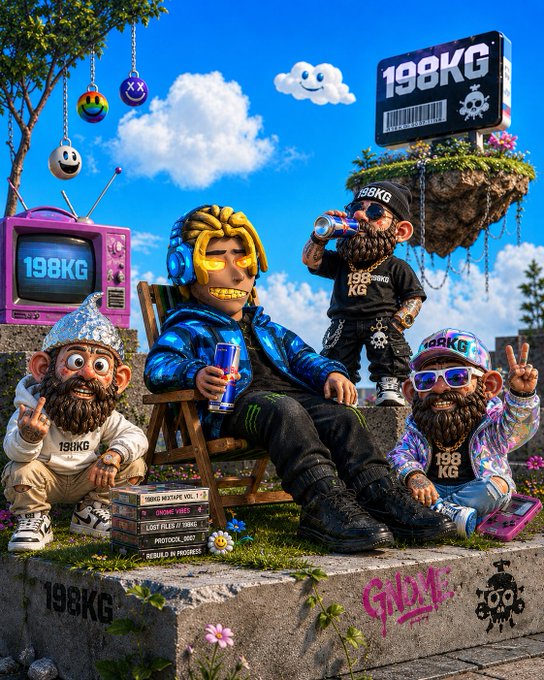 The image features a group of cartoon gnomes sitting around each other with various objects such as books, a chair, and a cup. The gnomes are wearing sunglasses and hats, giving them a cool and laid-back appearance. One gnome is holding a book while another has a cup in their hand. The background includes a television set and a rock formation, adding to the surreal nature of the scene. The post reads "169KG", which could be a reference to the weight or value of the items depicted in the image.