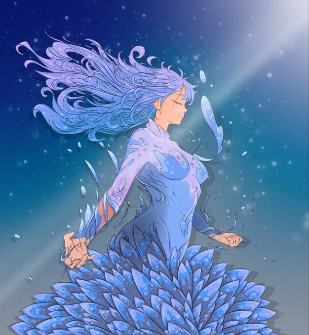 The image features a beautiful illustration of a woman with long, flowing blue hair wearing a dress made entirely out of petals. The woman appears to be dancing or floating through the air against a starry background. This artwork is related to the social media post that says "GM “Blue Petals - available on @TransientLabs - fixed price 0.15 eth".