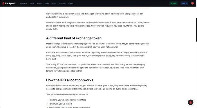 The image shows a Backpack crypto exchange webpage explaining a new token utility initiative, highlighting that 25% of total token supply is allocated to users and holders (vs. typical exchange tokens), with priority IPO allocation based on time-weighted staking tenure. This relates to the $BP token (contract BPxxfRCXkUVhig4HS1Lh7kZqV6SPJhzfEk4x6fVBjPCy) by detailing the exchange's tokenomics and rewards structure for long-term holders.