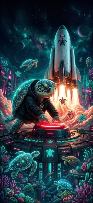 A vibrant cyberpunk-style digital artwork depicting a turtle wearing a hoodie pressing a red launch button while a rocket ship blasts off into a neon-lit cosmic city filled with other turtles and coral.