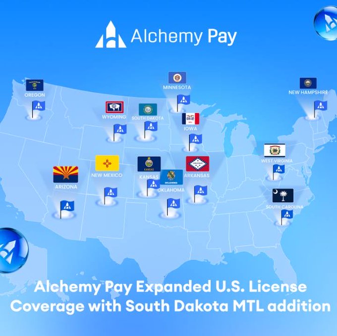 An Alchemy Pay promotional graphic shows a U.S. map with state flags marking license coverage, with text stating 'Alchemy Pay Expanded U.S. License Coverage with South Dakota MTL addition'.