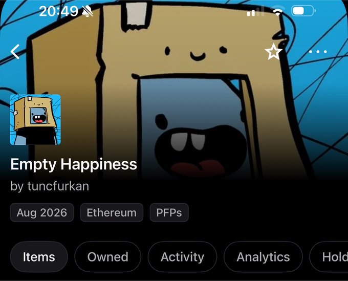 A mobile screenshot showing an NFT titled 'Empty Happiness' by tuncfurkan on the Ethereum blockchain, featuring a cartoon bag character with a smiling face.
