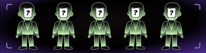 Five identical green silhouetted figures in suits stand in a row, each with a question mark on their face, framed by purple corner brackets.