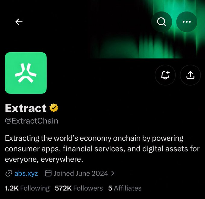 A Twitter/X profile page for 'Extract' (@ExtractChain), a verified account with 572K followers, describing itself as 'Extracting the world's economy onchain by powering consumer apps, financial services, and digital assets for everyone, everywhere,' joined June 2024.