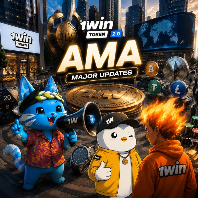 The image is a promotional graphic for the "1WIN TOKEN 2.0 AMA - MAJOR UPDATES," featuring a blue cat mascot holding a megaphone, a penguin character in a yellow jacket with "1W" cap, and a flame-haired figure wearing a "1win" hoodie, all set against a vibrant city backdrop adorned with cryptocurrency coins (Bitcoin, Ethereum, Litecoin, Tether) and large "1WIN" branding. It visually reinforces the post's announcement of the $1WIN Token launch, highlighting the platform's established ecosystem across casino, sports, poker, esports, and prediction markets.