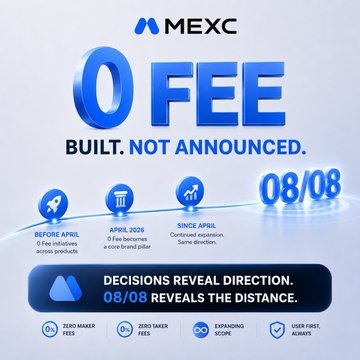 A promotional graphic for MEXC featuring '0 FEE BUILT. NOT ANNOUNCED.' with details about fee eliminations starting 08/08, including 'ZERO MAKER FEES' and 'ZERO TAKER FEES'.