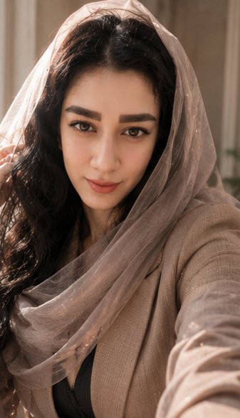A portrait of a young woman with long dark hair wearing a light brown sheer veil draped over her head and a beige blazer, looking softly at the camera.