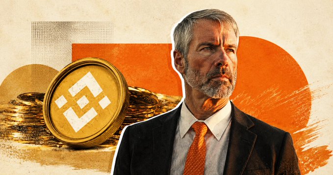 Michael Saylor stands beside a stack of gold Binance (BNB) coins, visually reinforcing the post's crypto market recap that highlights BNB Chain's Pasteur hard fork alongside Bitcoin and Ethereum price updates.