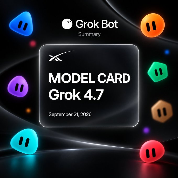 A dark, futuristic graphic features a central glowing card displaying "MODEL CARD Grok 4.7" dated "September 21, 2026" beneath the "Grok Bot Summary" header, surrounded by colorful floating gem-like shapes. The image visually represents the release announcement of Grok 4.7, highlighting its improved benchmark performance across Terminal-Bench, SWE-Marathon, and DeepSWE, as well as its availability via API and Cursor integration.