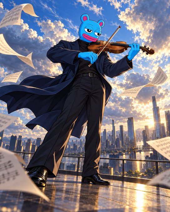 An illustrated blue bear-like character wearing a long black coat, playing a violin against a backdrop of a cloudy sky and cityscape, with sheet music floating in the air.