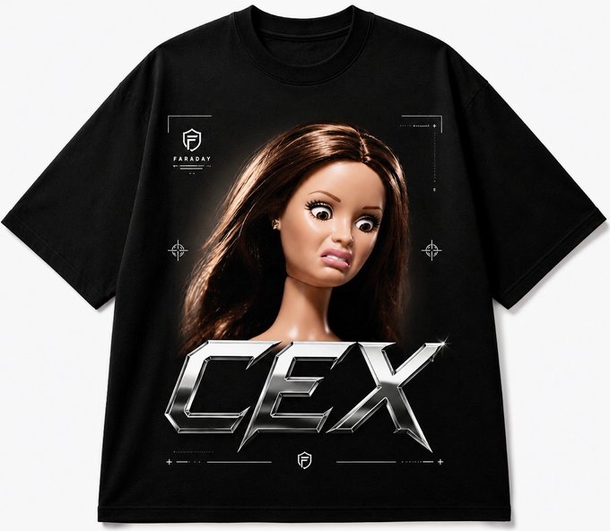 Black t-shirt featuring a googly-eyed doll face graphic above chrome 'CEX' lettering, with 'FARADAY PROTOCOL' branding in the corner.