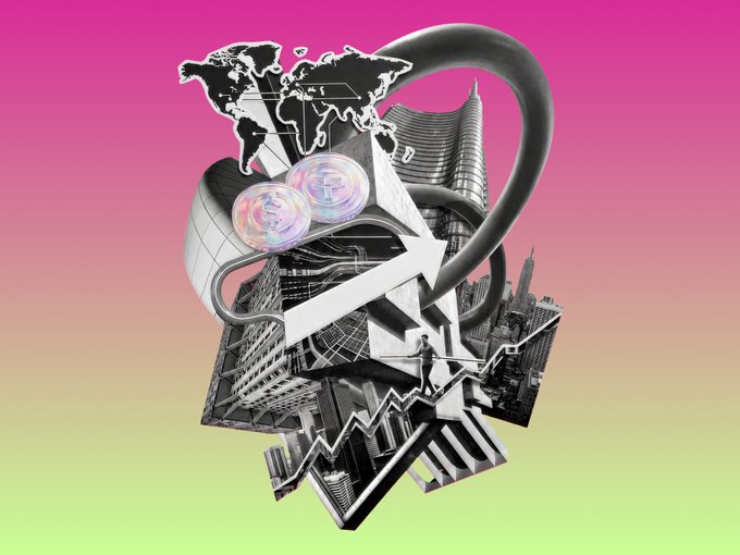 A grayscale collage of skyscrapers, a world map, upward arrows, and a line graph sits against a pink-to-green gradient background, visually representing the global growth and cross-border financial movement referenced in the post about stablecoins outperforming international wires.
