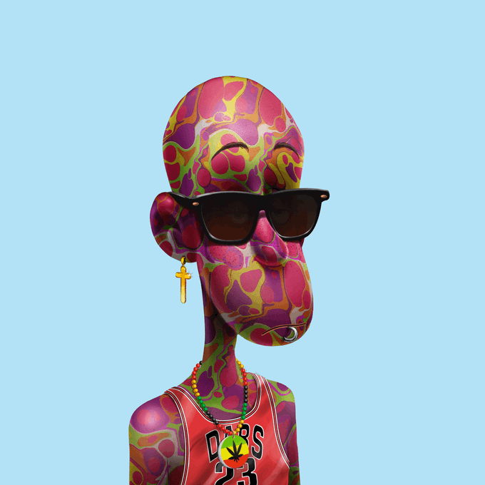 A stylized 3D rendered character with pink and green camouflage-patterned skin, wearing black sunglasses, a cross earring, beaded necklace, and a red Bulls #23 jersey against a light blue background.