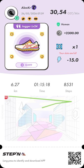 A gray screen of a phone displaying step count, distance, heart rate, and calories burned from an app named 'stepn'. The text below features details about a daily run tracking app, including a list of workout activities such as running or walking with a runner's high, and a user's progress in each activity. This information is related to the post where it says, "Daily run with #STEPN on BSC and SOL realm. Activation Code: 63453360 #MakeStepnGreatAgain".