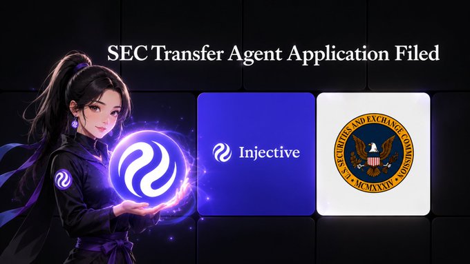 The image shows an anime-style character holding a glowing Injective logo next to the SEC seal, with the headline "SEC Transfer Agent Application Filed"—visually representing Injective's recent filing to become a registered Transfer Agent with the U.S. SEC for managing tokenized securities ownership.
