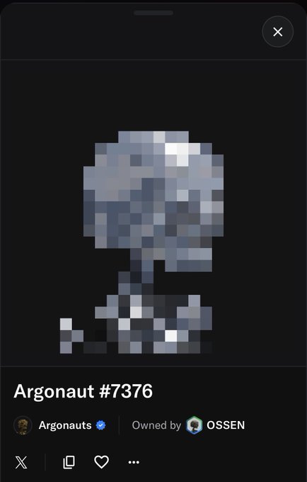 An NFT listing on a marketplace for "Argonaut #7376" from the Argonauts collection, displaying a pixelated silver and grey helmet and shoulder armor.