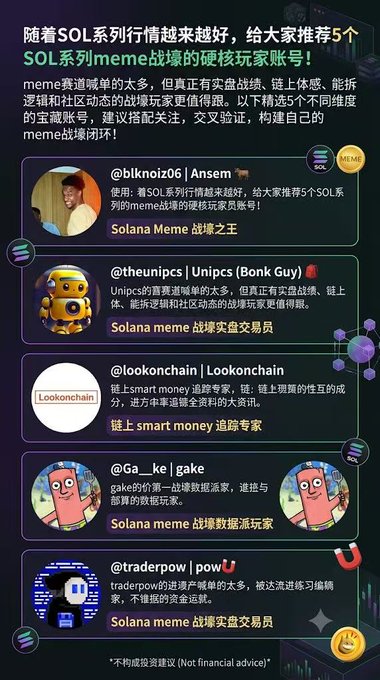 A Chinese-language social media post recommending 5 hardcore Solana (SOL) meme player accounts, including @blknoiz06, @theunipcs, @lookonchain, @Ga__ke, and @traderpow.