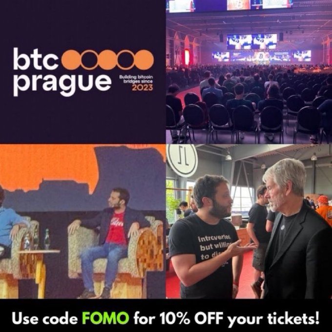 The image contains a collage of various images related to Bitcoin Prague. The central focus of this collage is an advertisement promoting Bitcoin Prague events. It features a man sitting at a table talking with someone else, while two more people are seated nearby in chairs. Additionally, there are several chairs and dining tables visible throughout the scene.

The image also includes details about the "btc prague" event that takes place in Prague on June 11-12, 2006. It is important to note that this advertisement is for Bitcoin Prague events and not specifically related to Bitcoin.