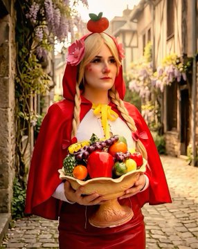 A costumed character of Red Riding Hood standing on a cobblestone street, holding a basket filled with fruit including an apple and grapes.