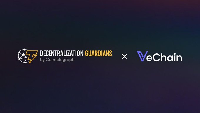 A collaboration banner displays 'DECENTRALIZATION GUARDIANS by Cointelegraph' alongside the VeChain logo on a dark gradient background.