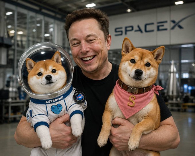 Elon Musk is shown at a SpaceX facility holding two Shiba Inu dogs—one wearing an astronaut helmet with a "SpaceX" patch and "ASTEROID" text, the other wearing a pink bandana with the letter "S"—tied to a post promoting the meme coin $SUKII as the next Doge/Shiba-style narrative-driven runner.