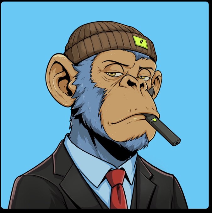 A cartoon illustration of a serious-looking monkey wearing a brown beanie, black suit, blue shirt, and red tie, smoking a cigar.