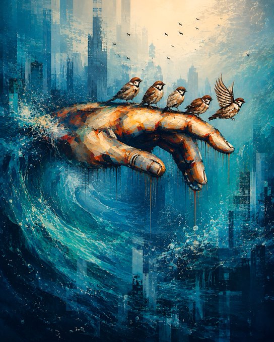 An artistic painting of a large hand emerging from a crashing ocean wave with sparrows perched on its fingers, set against a blue cityscape background.