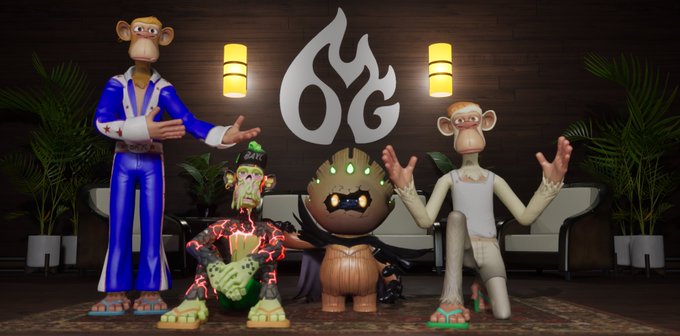 A 3D rendered scene features animated monkey characters and a jack-o'-lantern figure in a lounge setting with a flame logo in the background.