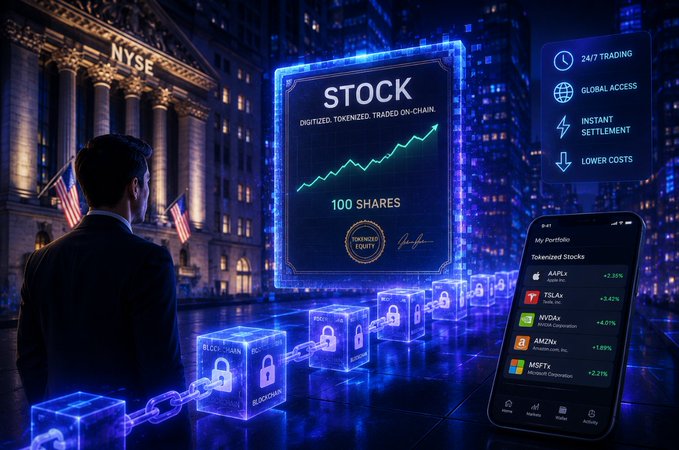 Digital artwork depicting tokenized stock trading on blockchain, featuring the NYSE building, a holographic "STOCK 100 SHARES" certificate, and a smartphone displaying a portfolio with tickers AAPL+, TSLAx, NVIDIAx, AMZNx, and MSFTx along with features "24/7 TRADING," "GLOBAL ACCESS," "INSTANT SETTLEMENT," and "LOWER COSTS."