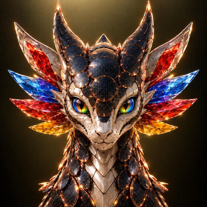 A digitally rendered fantasy creature with crystalline, jewel-like scales in red, blue, and gold tones, featuring large green eyes and pointed horns against a dark background.