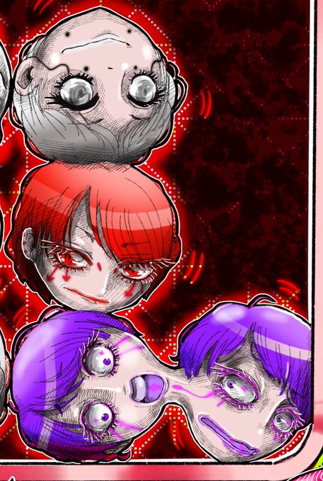 A horror-style digital illustration features three distorted character heads—a creepy pale one, a grinning red-haired one, and a purple-haired one—against a dark red, blood-splattered background.