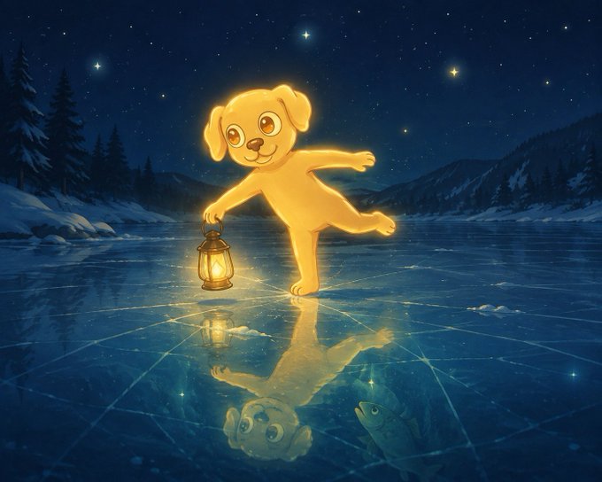A whimsical digital illustration of a glowing golden puppy dancing on a frozen lake at night while holding a lantern, with its reflection visible on the ice.