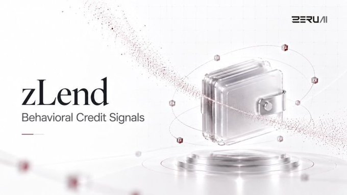 A promotional graphic for "zLend Behavioral Credit Signals" by Zeru, featuring a 3D wallet illustration.
