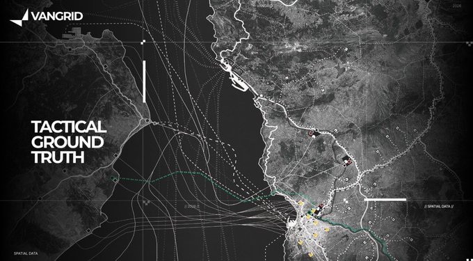 A dark tactical map interface branded 'VANGRID' with the text 'TACTICAL GROUND TRUTH', showing a coastal area with various dotted lines and tactical markers over a grayscale terrain.