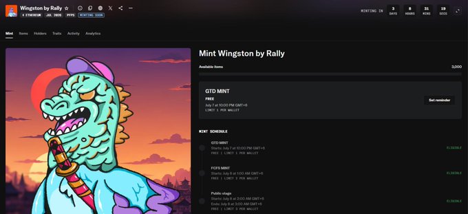 The image shows the "Wingston by Rally" NFT minting page on Rally.io, displaying a free mint available with a 3,000 item supply, along with upcoming schedule dates (July 7, July 11, and July 18) for partner drops like "GTO MINT," "FCFS MINT," and "Public stage." The post references eligibility for an upcoming RallyOnChain NFT drop, which aligns with the page's listings of scheduled minting events.