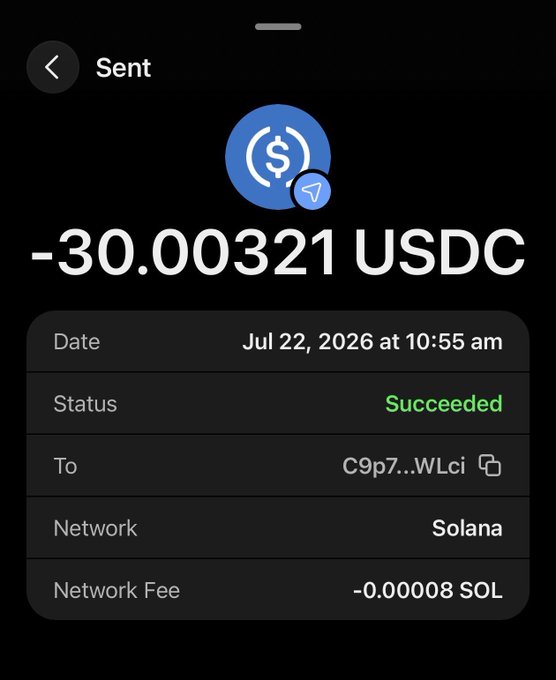 A mobile wallet screen showing a successful transaction of -30.00321 USDC sent on the Solana network (dated Jul 22, 2026), paired with a post boasting about Solana activity.