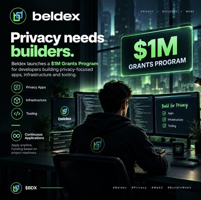 A promotional graphic for Beldex announces a $1M Grants Program with the tagline 'Privacy needs builders,' targeting privacy apps, infrastructure, tooling, and continuous applications, with the ticker $BDX.