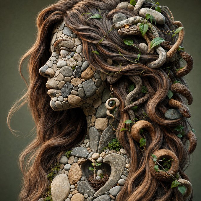A surreal digital artwork of a woman's profile whose face and body are made of stones and pebbles, with snakes woven through her long brown hair and a small nest in her chest.