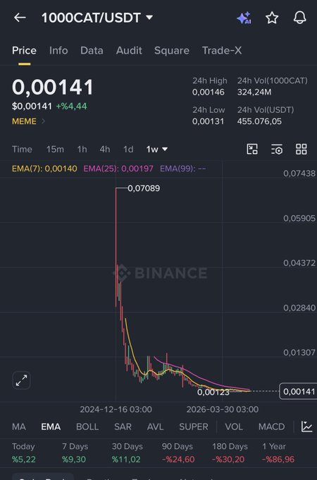 The image shows a Binance chart for the 1000CAT/USDT meme coin, displaying a steep decline from a high of $0.07089 to its current price of $0.00141, with a 24-hour gain of +4.44%. This visualizes the post's claim about investing in the Cat token on Binance, complementing the user's portfolio strategy of holding Babydoge (30%), Cat (30%), and idle cash (40%).