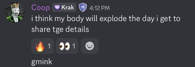A Discord message from user 'Coop' with the message 'i think my body will explode the day i get to share tge details' followed by the text 'gmink'.