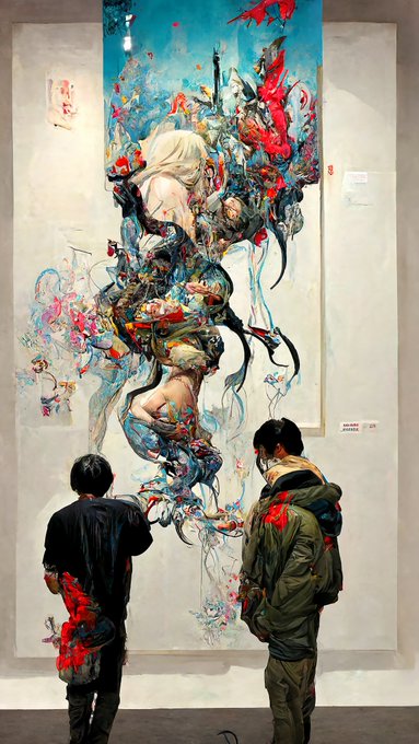 Two viewers stand in a gallery admiring a large, vibrant contemporary painting featuring an abstract, figurative composition with bold splashes of red, blue, and turquoise against a pale background—reflecting the recent acquisition and vaulting of the artwork "Comprehensive Studies" by artists 0009ine and SuperchiefNFT on the objktcom platform.