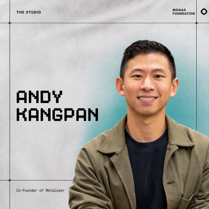 A promotional graphic for 'The Studio' by Monad Foundation featuring a portrait of Andy Kangpan, Co-Founder of Metalayer, smiling in an olive green jacket against a gray background with teal accents.