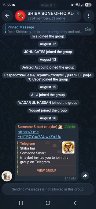A Telegram group called "SHIBA BONE OFFICIAL" with 3,354 members shows join notifications and a pinned message from "ShibArmy," with a scam message from "Someone Smart (maybe)" promoting a fake Shiba Inu group. The image illustrates the fraudulent TG activity mentioned in the post, where imposters are posting fake migration links in Shibaswap-related channels after muting official ones.