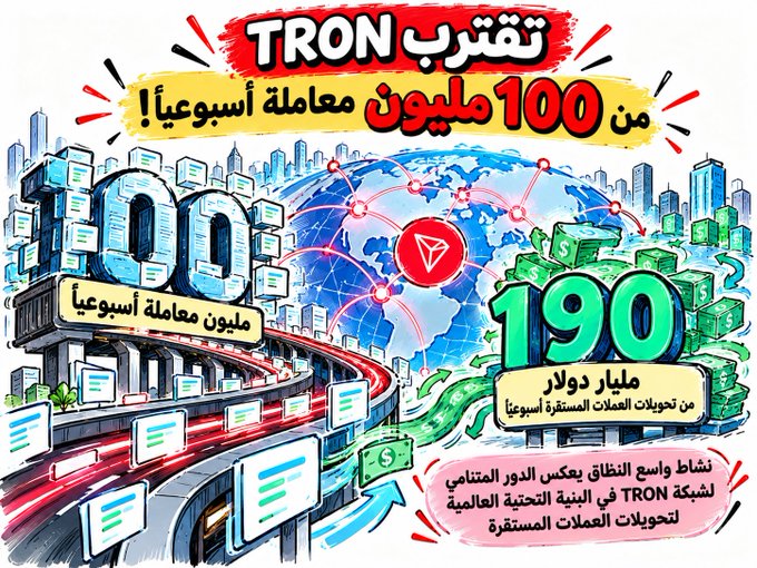 A colorful infographic celebrating TRON's network milestone of 100 million weekly transactions, featuring bold text highlighting "$190 billion in stablecoin transfers" alongside visuals of a globe, money flows, and computer screens. The illustration visually reinforces the post's message that TRON's massive transaction volume is driven primarily by substantial stablecoin activity.