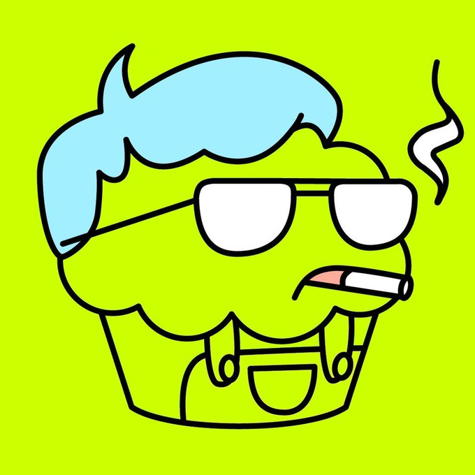 A cartoon illustration of a green cupcake character wearing white sunglasses, smoking a cigarette, with blue frosting and overalls, set against a bright green background.