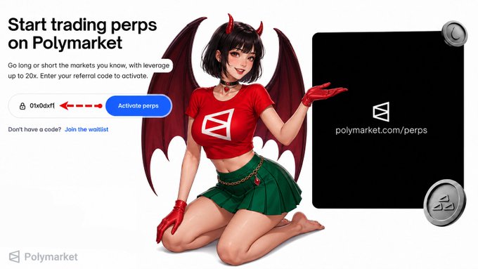 A Polymarket advertisement featuring an anime-style devil girl mascot, promoting perpetual trading with the referral code "0tx0dxt" and the URL "polymarket.com/perps".