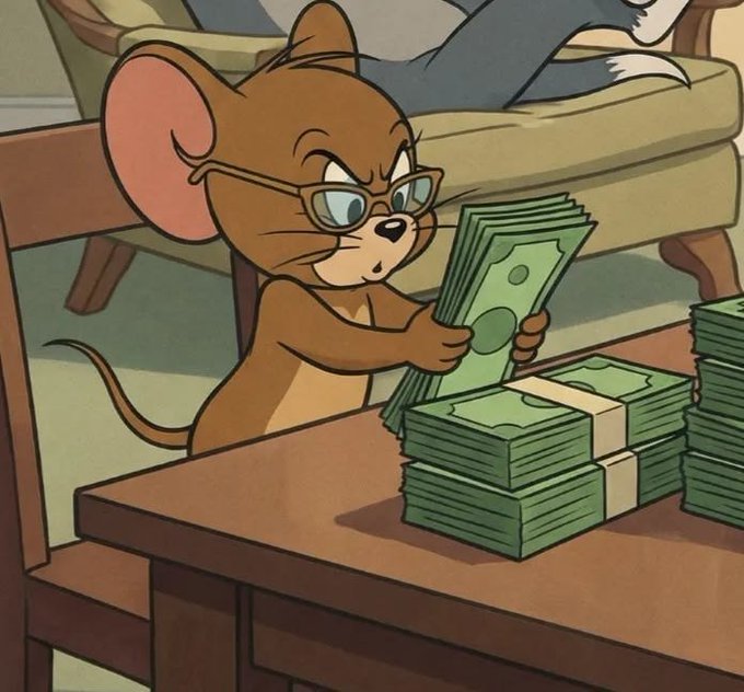 The image features Jerry from Tom and Jerry wearing glasses and carefully counting stacks of cash, his expression focused and somewhat suspicious, which metaphorically illustrates the post's message about the transparency (or lack thereof) of our digital finances and personal data. The accompanying text argues that privacy shouldn't be a premium feature and highlights @BeldexCoin's efforts to address digital ownership and surveillance concerns.